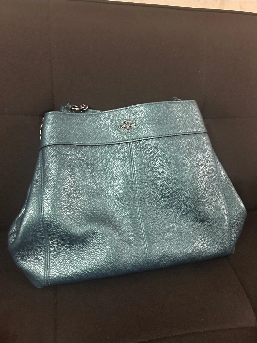 Coach Lexy Metallic Peacock Blue Teal Pebbled Leather Chain Shoulder Bag Purse